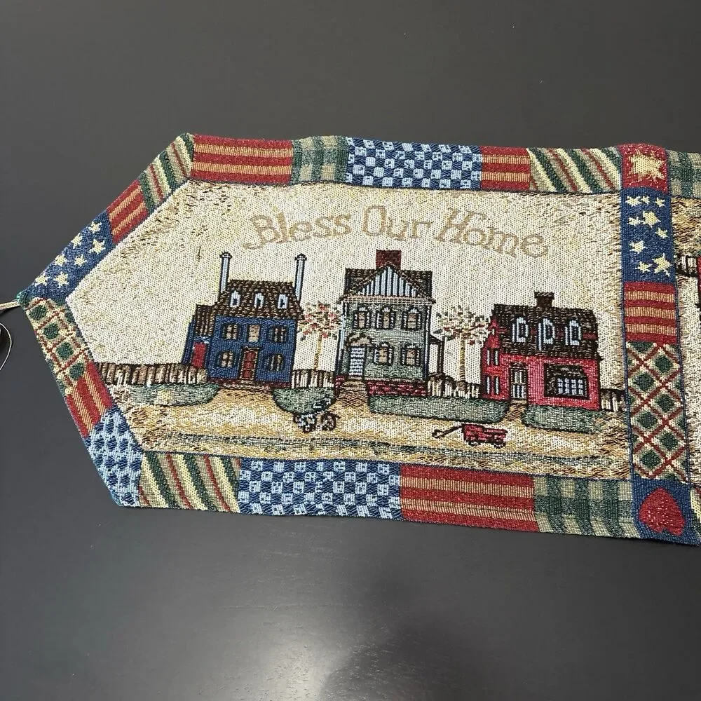 BLESS OUR HOME- Tapestry Table Runner! Americana Country Home Rustic